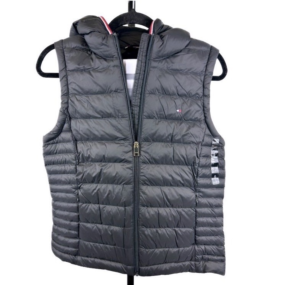 Tommy Hilfiger Women's Size Small Black Hooded Lightweight Puffer Vest Zip Front